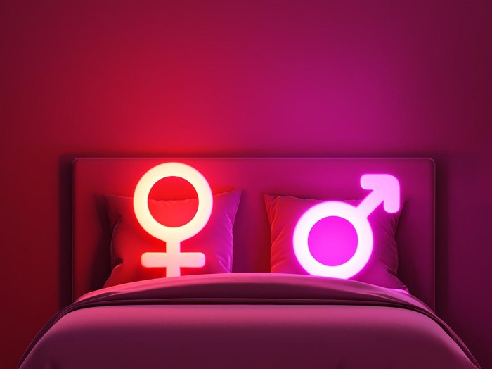 Gender symbol with bed double motel love female male valentine hotel room dim light neon bright romantic night sleep couple sexual intercourse sensual erotic dreamy symbol theme room.