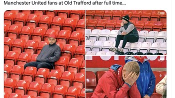 Pemandangan fans MU bersedih usai laga berakhir. Foto: X.com