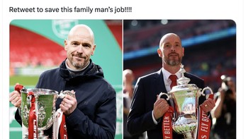 Akun ini bercanda bahwa Erik Ten Hag masih harus menanggung keluarganya sehingga kasihan kalau sampai dipecat. Foto: X.com