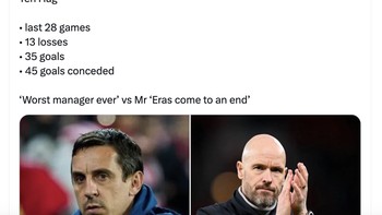 Dibandingkan Gary Neville yang dulu dipecat Valencia, prestasi Ten Hag bahkan lebih buruk. Foto: X.com