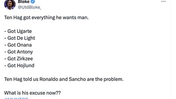Erik Ten Hag pun jadi sasaran karena dia sudah mendapat semua yang ia inginkan tapi MU tetap melempem. Foto: X.com