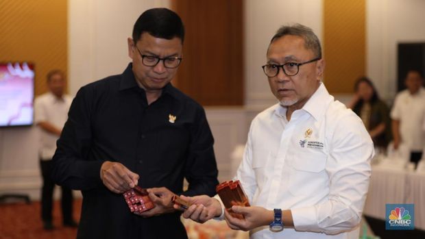 Menteri Perdagangan Zulkifli Hasan mengamati dan memeriksa produk-produk Kosmetik Impor Ilegal saat konferensi pers satuan tugas pengawasan barang tertentu yang diberlakukan Tata Niaga Impor Ilegal di Kantor BPOM RI, Jakarta, Senin (30/9/2024). (CNBC Indonesia/Tri Susilo)