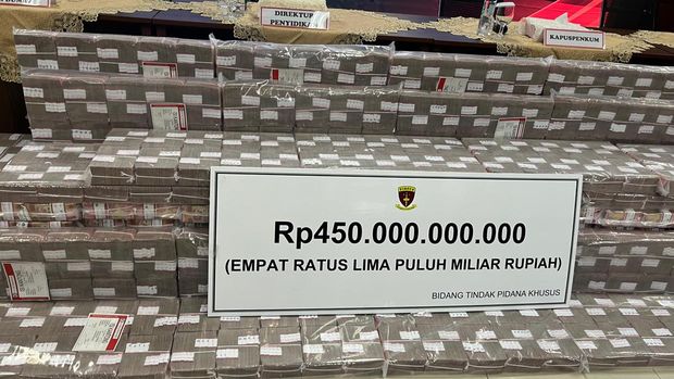 Direktur Penyidikan (Dirdik) Jaksa Agung Muda Tindak Pidana Khusus (Jampidsus) Abdul Qohar memamerkan uang Rp 450 M yang disita di kasus korupsi Duta Palma.