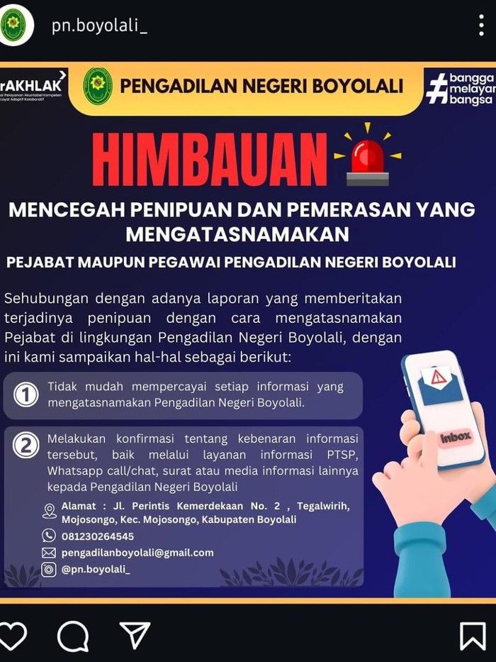 Imbauan PN Boyolali berkaitan adanya penipuan yang mencatut hakim di sana dan menyasar sebuah sekolah dengan modus kelebihan transfer.