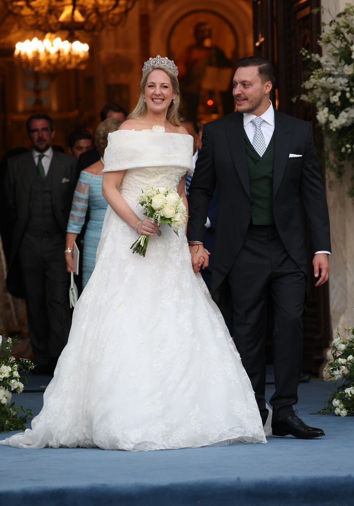 ATHENS, SPAIN - SEPTEMBER 28: Theodora of Greece and Matthew Kumar leave the Cathedral of the Annunciation of St. Mary, now husband and wife, on September 28, 2024, in Athens, Greece. (Photo By Jose Ruiz/Europa Press via Getty Images)