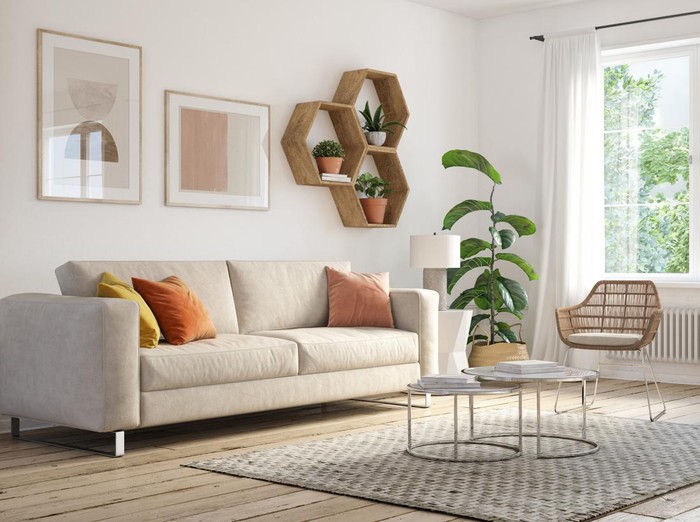 Bohemian living room interior 3d render with  beige colored furniture and wooden elements