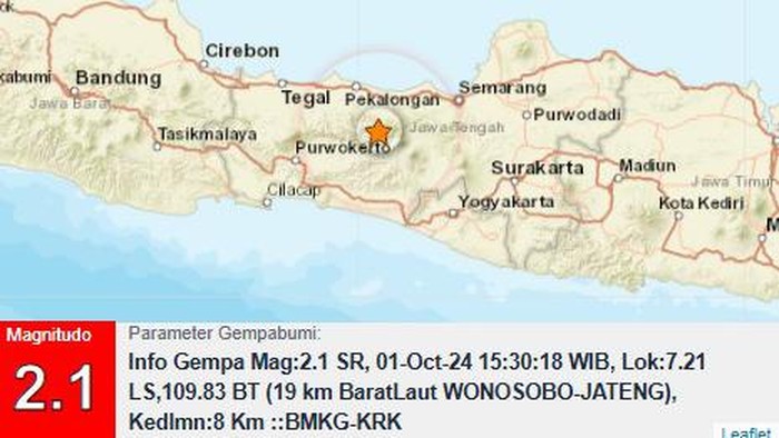 Gempa bumi magnitudo (M) 2,1 di Wonosobo pukul 15.30 WIB, Selasa (1/10/2024).