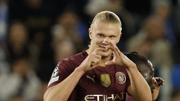Soccer Football - Champions League - Slovan Bratislava v Manchester City - Tehelne pole, Bratislava, Slovakia - October 1, 2024  Manchester City's Erling Haaland celebrates scoring their third goal REUTERS/David W Cerny
