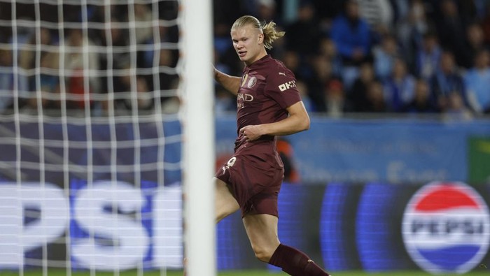Soccer Football - Champions League - Slovan Bratislava v Manchester City - Tehelne pole, Bratislava, Slovakia - October 1, 2024  Manchester Citys Erling Haaland scores their third goal REUTERS/David W Cerny