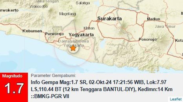Gempa M 1,7 di Bantul, Rabu (2/10/2024).