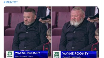 Meme Wayne Rooney sebelum dan sesudah MU dikalahkan Spurs. Yang kanan adalah foto editan sehingga mantan striker MU itu tampak sangat tua. Foto: Twitter/X