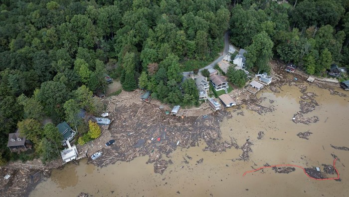 A drone view shows a damaged area following the passing of Hurricane Helene, in Lake Lure, North Carolina, U.S., October 1, 2024. REUTERS/Marco Bello