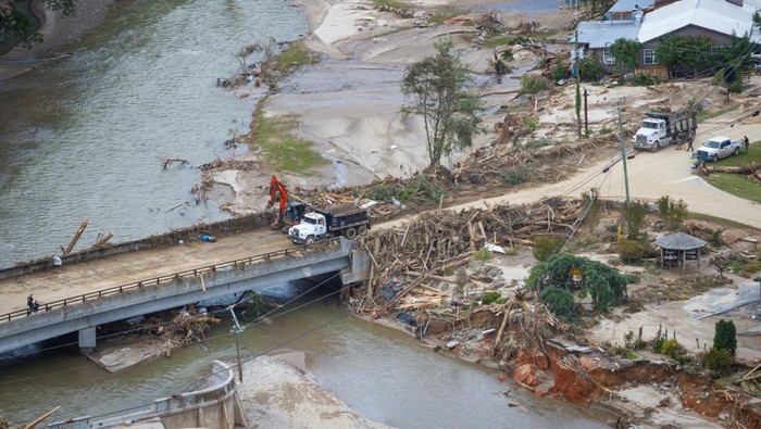 A drone view shows a damaged area following the passing of Hurricane Helene, in Lake Lure, North Carolina, U.S., October 1, 2024. REUTERS/Marco Bello