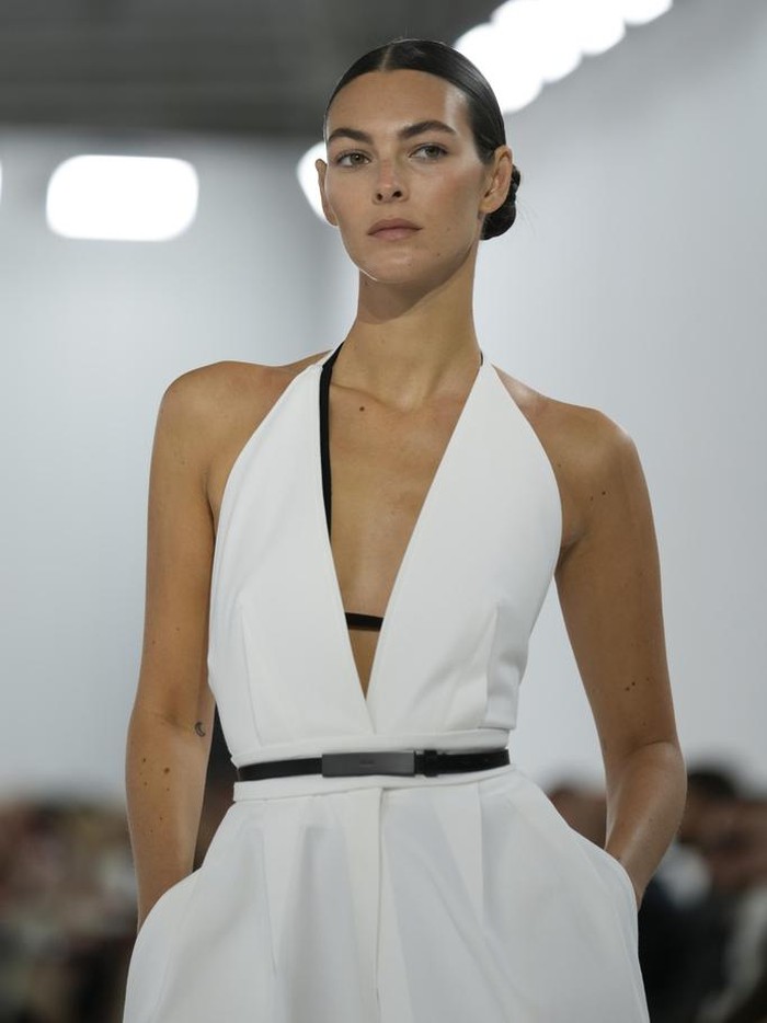 Model Vittoria Ceretti wears a creation as part of the Max Mara Spring Summer 2025 collection, that was presented in Milan, Italy, Thursday, Sept. 19, 2024. (AP Photo/Antonio Calanni).