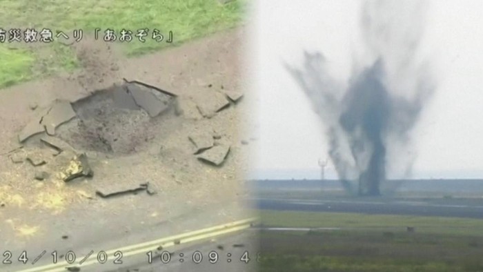 Sebuah bom yang diduga peninggalan Amerika Serikat dari Perang Dunia II meledak di perlintasan pesawat Bandara Miyazaki, Jepang.