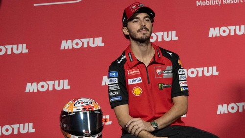 MOTEGI, JAPAN - OCTOBER 03: Francesco Bagnaia of Italy and Ducati Lenovo Team (new helmet for the race) looks on  during the press conference pre - event during the MotoGP Of Japan - Previews at Twin Ring Motegi on October 03, 2024 in Motegi, Japan. (Photo by Mirco Lazzari gp/Getty Images)