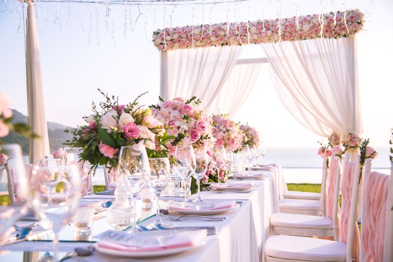 Table setting at a luxury wedding and Beautiful flowers on the table.