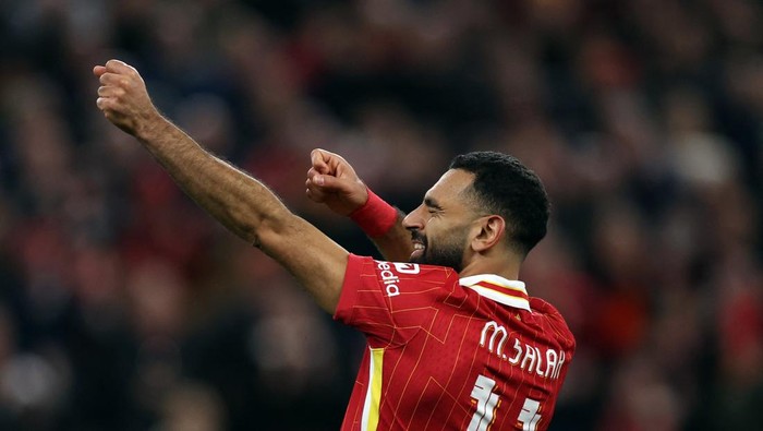 Soccer Football - Champions League - Liverpool v Bologna - Anfield, Liverpool, Britain - October 2, 2024 Liverpools Mohamed Salah celebrates scoring their second goal Action Images via Reuters/Lee Smith