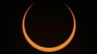 The moon moves across the sun during an annular solar eclipse seen from Tahai, Rapa Nui, or Easter Island, Chile, Wednesday, Oct. 2, 2024. (AP Photo/Esteban Felix)