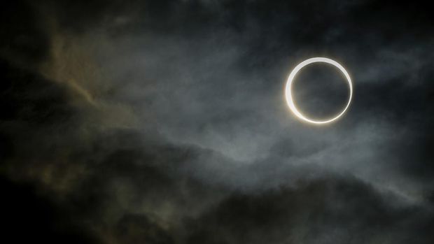 The moon moves past the sun during an annular solar eclipse in Puerto San Julian, Argentina, Wednesday, Oct. 2, 2024. (AP Photo/Natacha Pisarenko)
