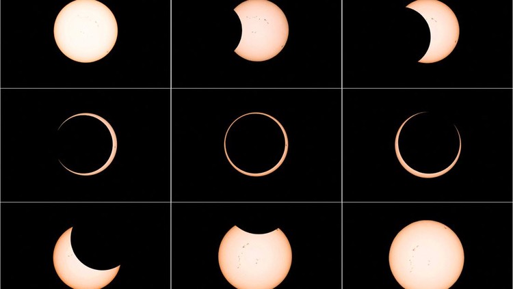 A combination picture shows an annular solar eclipse observed from Tahai archaeological monument area in the Rapa Nui national park managed by the Mau Henua native community at Easter Island, Chile October 2, 2024. REUTERS/Ivan Alvarado
