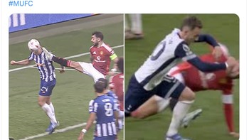 Netizen heran Bruno Fernandes kembali kena kartu merah seperti saat melawan Tottenham di Liga Inggris. Apakah dia mengikuti kelas Taekwondo? Foto: X.com