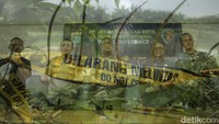 Polisi bersama PJ Gubernur dan Dandim 0507 menunjukkan celurit yang menjadi barang bukti kasus penemuan 7 jenazah kali Bekasi di Polres Metro Bekasi Kota, Jumat (4/10/2024).