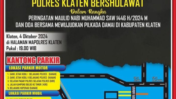 Pengumuman titik parkir di acara Polres Klaten Bersholawat.