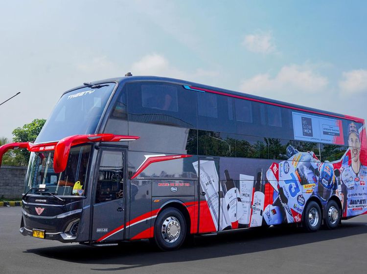Potret Bus Juragan99 Trans dengan Livery ala Tim Gresini MotoGP