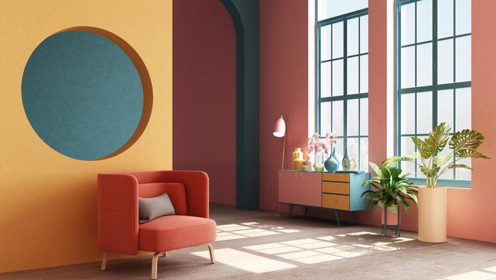 Interior concept of memphis design colorful, Armchair with console and prop. 3d render