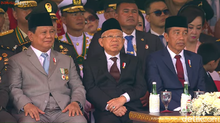 Presiden Jokowi, Wapres Maruf Amin dan Presiden terpilih Prabowo Subianto saat menghadiri HUT ke-79 TNI di Monas (Foto. Tangkapan layar Sekretariat Presiden)