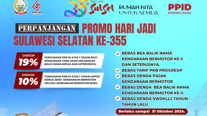 Bapenda Sulsel memberikan diskon pajak kendaraan memperingati HUT ke-355 Sulsel.