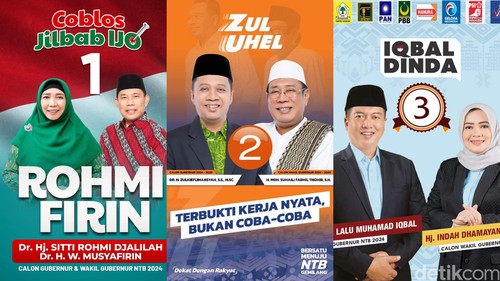 Kolase foto tiga paslon Pilgub NTB 2024. Dari kiri Rohmi-Firin, Zul-Uhel, Iqbal-Dinda. (Helmy Akbar/detikBali)