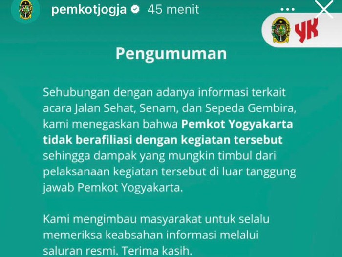 Pemkot Jogja buka suara melalui pengumuman di story akun Instagram resminya, @pemkotJogja, soal acara funbike di Alun-alun Kidul Jogja, Minggu (6/10/2024).