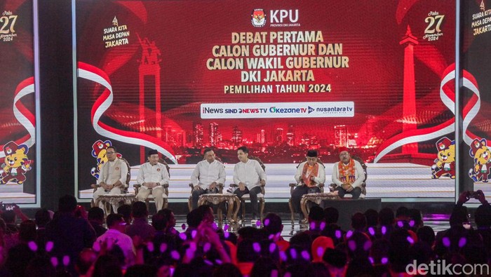 KPU DKI Jakarta menggelar debat perdana Pilgub Jakarta 2024 di JIExpo Kemayoran, Minggu (6/10/2024). Debat Ridwan Kamil-Suswono, Dharma Pongrekun-Kun Wardana dan Pramono Anung-Rano Karno dimulai.