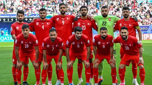 The Bahrain national team players are posing for a team photo before the AFC Asian Cup 2023 match between Jordan and Bahrain at Khalifa International Stadium in Doha, Qatar, on January 25, 2023. (Photo by Noushad Thekkayil/NurPhoto via Getty Images)