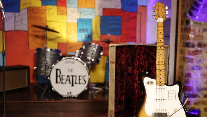 A 'Futurama' guitar that used to belong to the late George Harrison, former member of The Beatles, is displayed at a press conference held by Julien's Auctions to announce its forthcoming sale by auction in Liverpool, Britain, October 3, 2024. REUTERS/Phil Noble