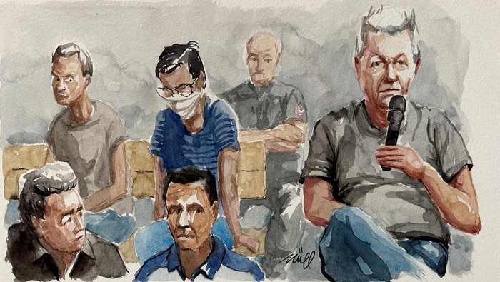 Potret Gisele Pelicot, Nenek 72 Tahun Korban Kejahatan Seksual Suaminya Dominique Pelicot, who has allegedly drugged and raped his wife Gisele Pelicot, appears during his trial with 50 co-accused at the courthouse in Avignon, France, September 17, 2024, in this courtroom sketch. REUTERS/ZZIIGG NO RESALES. NO ARCHIVES.