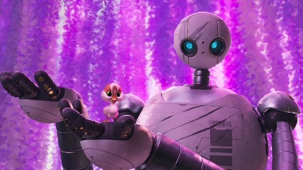 (from back center) Roz (Lupita N'yongo), and Brightbill (Kit Connor) in DreamWorks Animation's Wild Robot, directed by Chris Sanders.