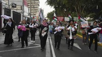 Demonstran pro-Palestina berbaris untuk mendukung Palestina di Lima, Peru, Senin (7/10/2024). (AP Photo/Guadalupe Pardo)  