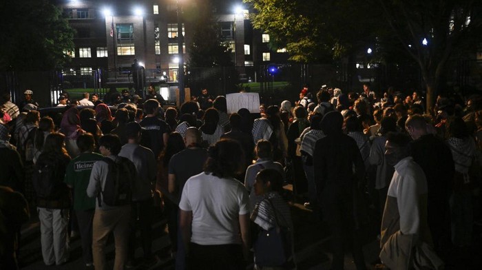 WASHINGTON D.C., UNITED STATES - OCTOBER 7: A group of students at George Washington University held a protest on Monday (Oct. 7) to mark one year of war in Gaza at the George Washington University in Washington DC, United States, October 7, 2024. (Photo by Celal Gunes/Anadolu via Getty Images)