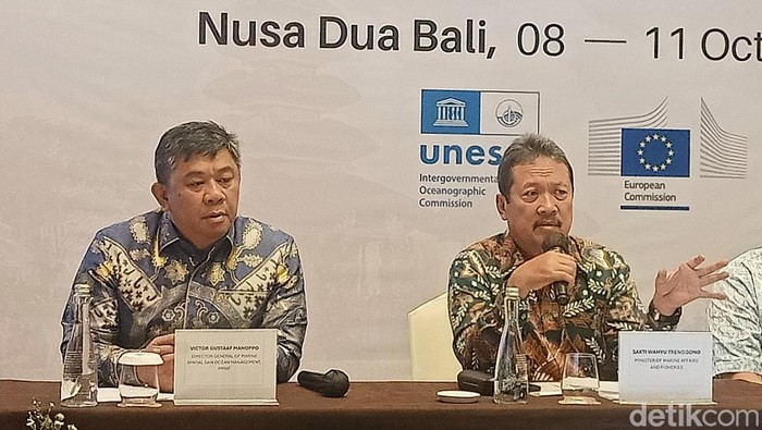 Menteri Kelautan dan Perikanan Sakti Wahyu Trenggono dalam press conference The 6th International Marine Spatial Planning (MSP) Forum 2024 di Nusa Dua, Badung, Bali pada Selasa (8/10/2024).
