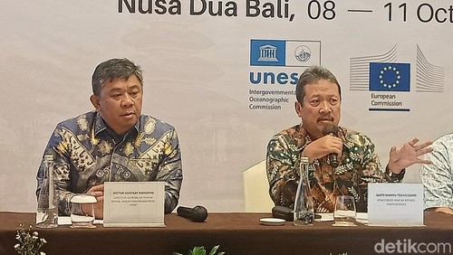 Menteri Kelautan dan Perikanan Sakti Wahyu Trenggono dalam press conference The 6th International Marine Spatial Planning (MSP) Forum 2024 di Badung, Bali pada Selasa (8/10/2024). (Ni Made Lastri Karsiani Putri-detikBali)