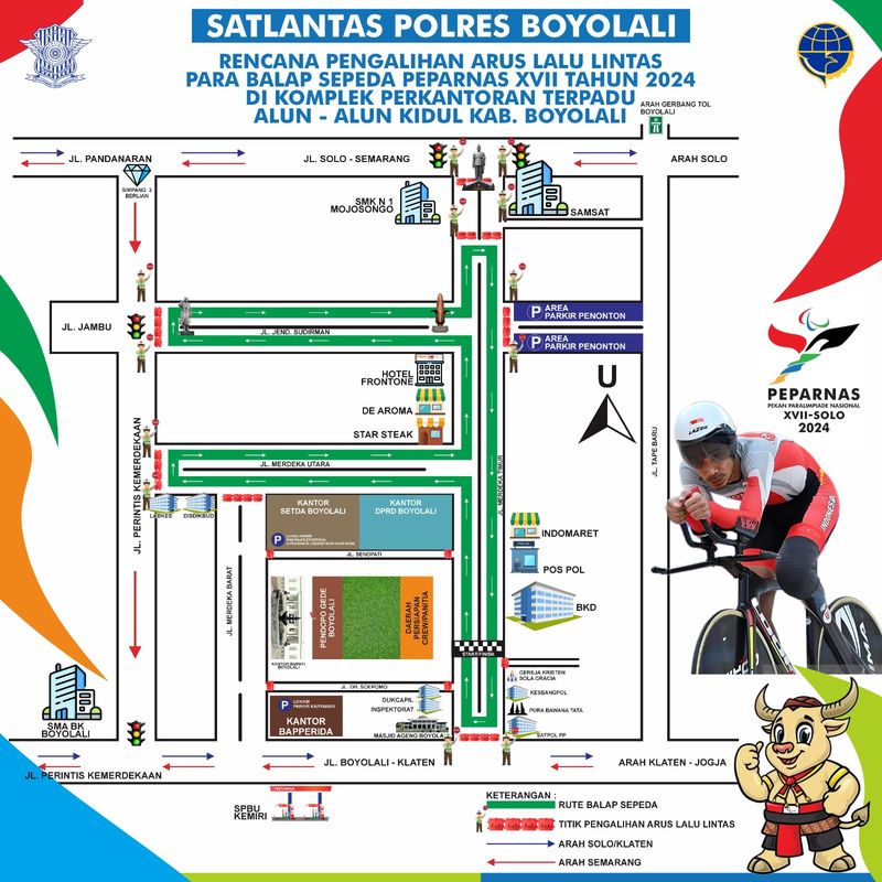 Pengalihan arus di sekitar Kompleks Pemkab Boyolali yang dipakai lintasan Para Balap Sepeda.