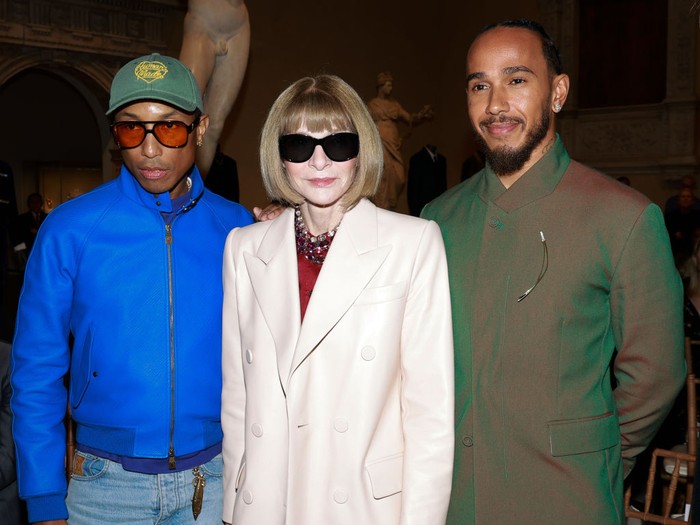NEW YORK, NEW YORK - OCTOBER 09: Pharrell Williams, Anna Wintour and Lewis Hamilton attend the Costume Institutes Spring 2025 Exhibition press conference at Metropolitan Museum of Art on October 09, 2024 in New York City. (Photo by Jason Mendez/Getty Images)