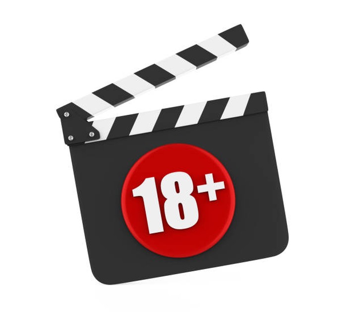 Movie Slate with 18+ Age Restriction Sign isolated on white background. 3D render