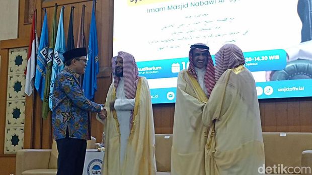 Kunjungan Imam Besar Masjid Nabawi, Syaikh Ahmad bin Ali Al-Hudzaifi ke UIN Syarif Hidayatullah Jakarta.(Diah Puspaningrum/detikcom)