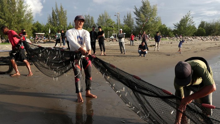 Melihat Nelayan Tradisional Aceh Menangkap Ikan Nelayan tradisional menangkap ikan menggunakan alat tangkap pukat darat di pantai wisata kilometer nol, Banda Aceh, Aceh, Rabu (9/10/2024). Lembaga hukum adat laot Aceh mendukung penerapan regulasi penangkapan ikan secara terukur sesuai peraturan Menteri Kelautan dan Perikanan nomor 28/2023 agar penangkapan ikan terkendali serta proporsional sehingga menjaga kelestarian sumber daya ikan dan lingkungannya. ANTARA FOTO/Irwansyah Putra/aww.