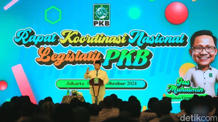Presiden terpilih Prabowo Subianto menghadiri Rapat Koordinasi Nasional Legislatif PKB di Grand Sahid, Jakarta Pusat, Kamis (10/10/2024).