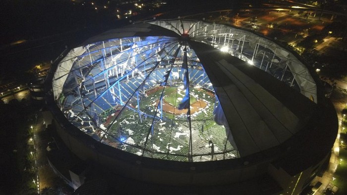An aerial view of Tropicana Field's shredded roof in downtown St. Petersburg, Fla., in the wake of Hurricane Milton early Thursday, Oct. 10, 2024.  (Max Chesnes/Tampa Bay Times via AP)